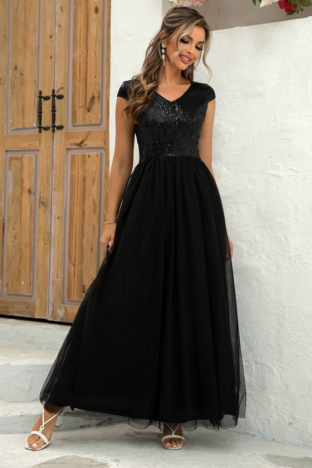 Sequin V-Neck Mesh Maxi Dress-VMA Specialties Boutique