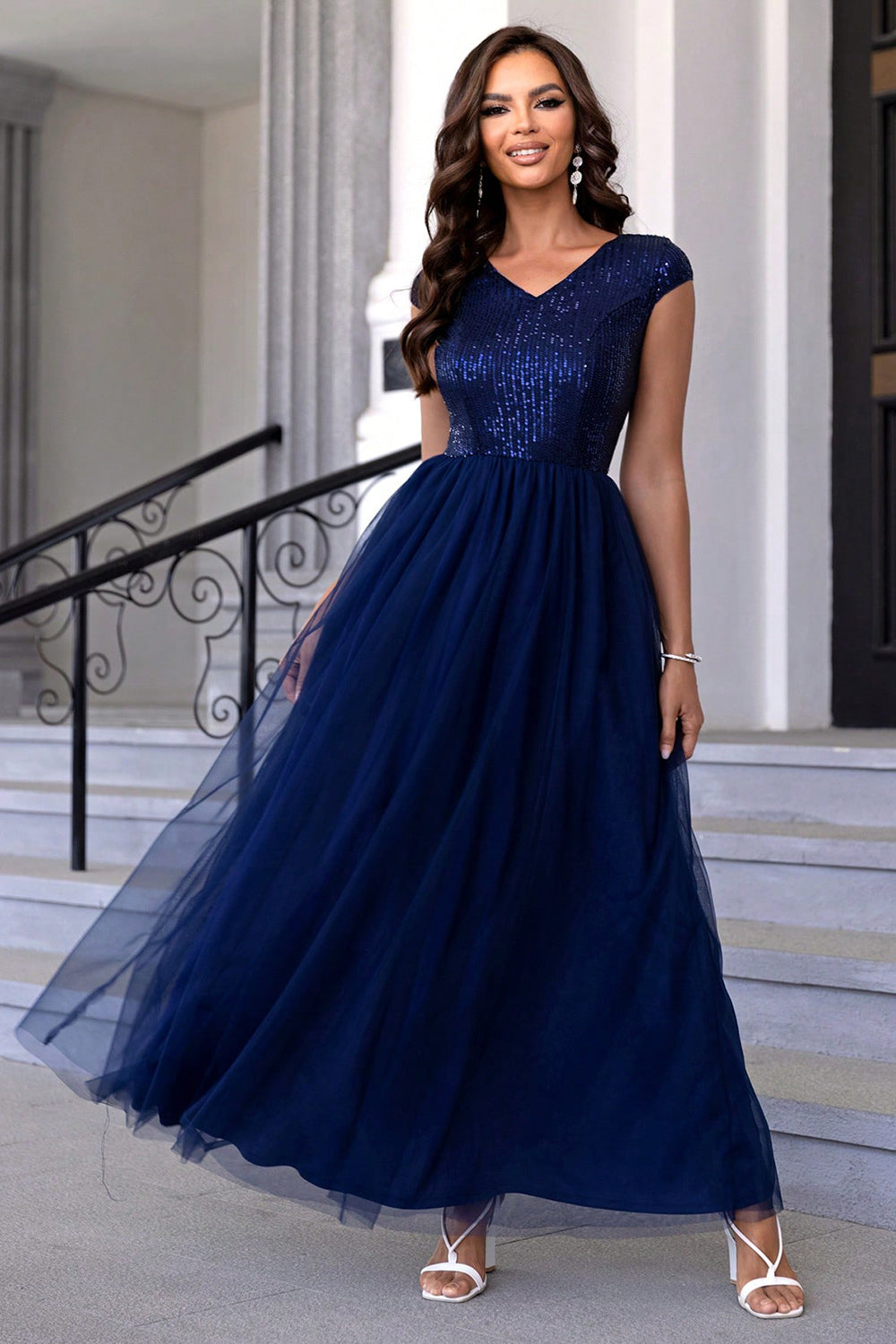 Sequin V-Neck Mesh Maxi Dress-VMA Specialties Boutique