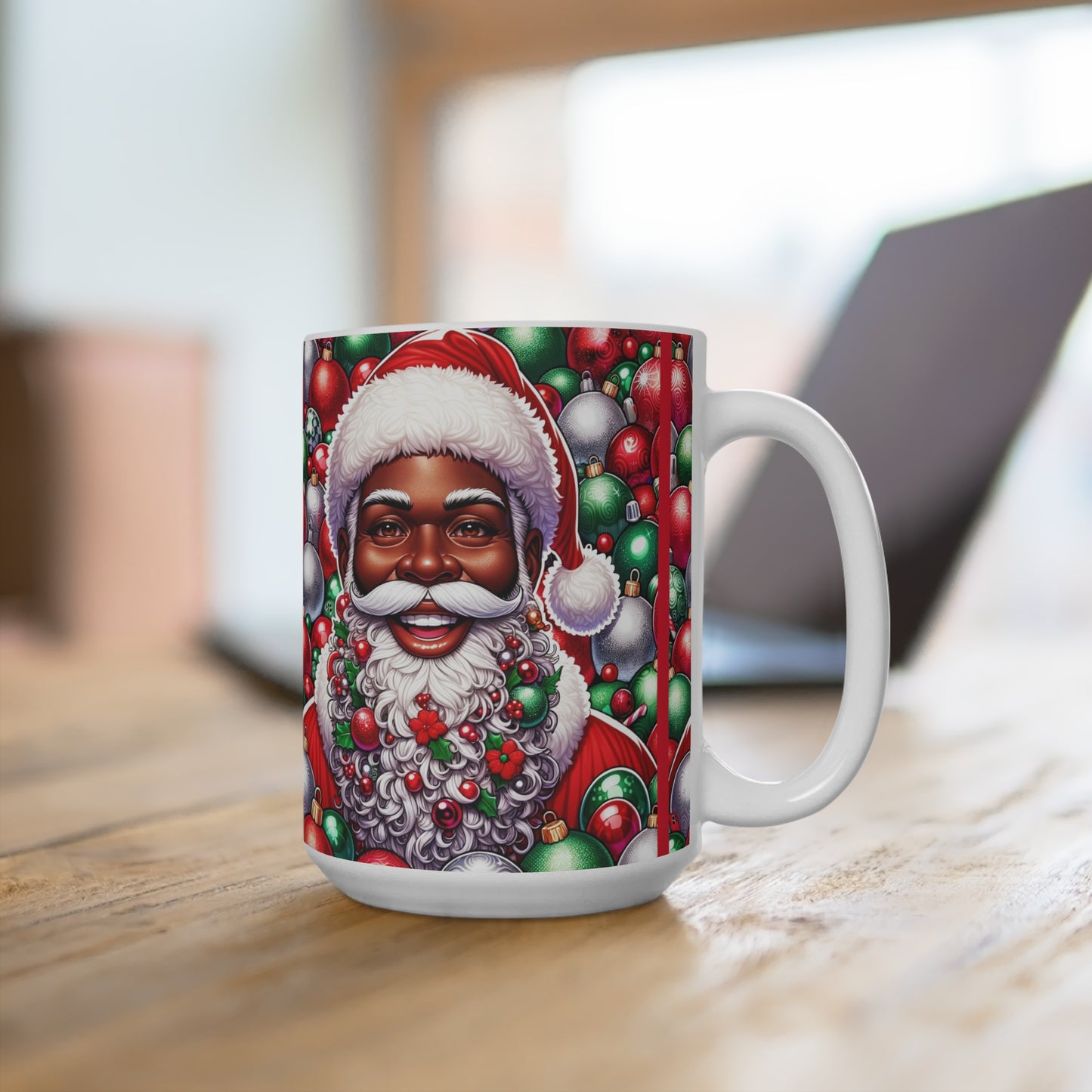 Mug 15oz - African American Santa Deck the Halls with Colorful Ornament Design