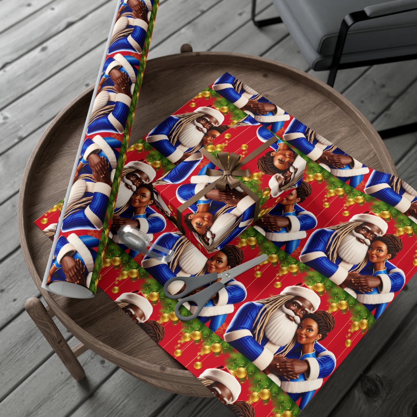 Wrapping Paper Black Santa and Mrs Hint of Ble