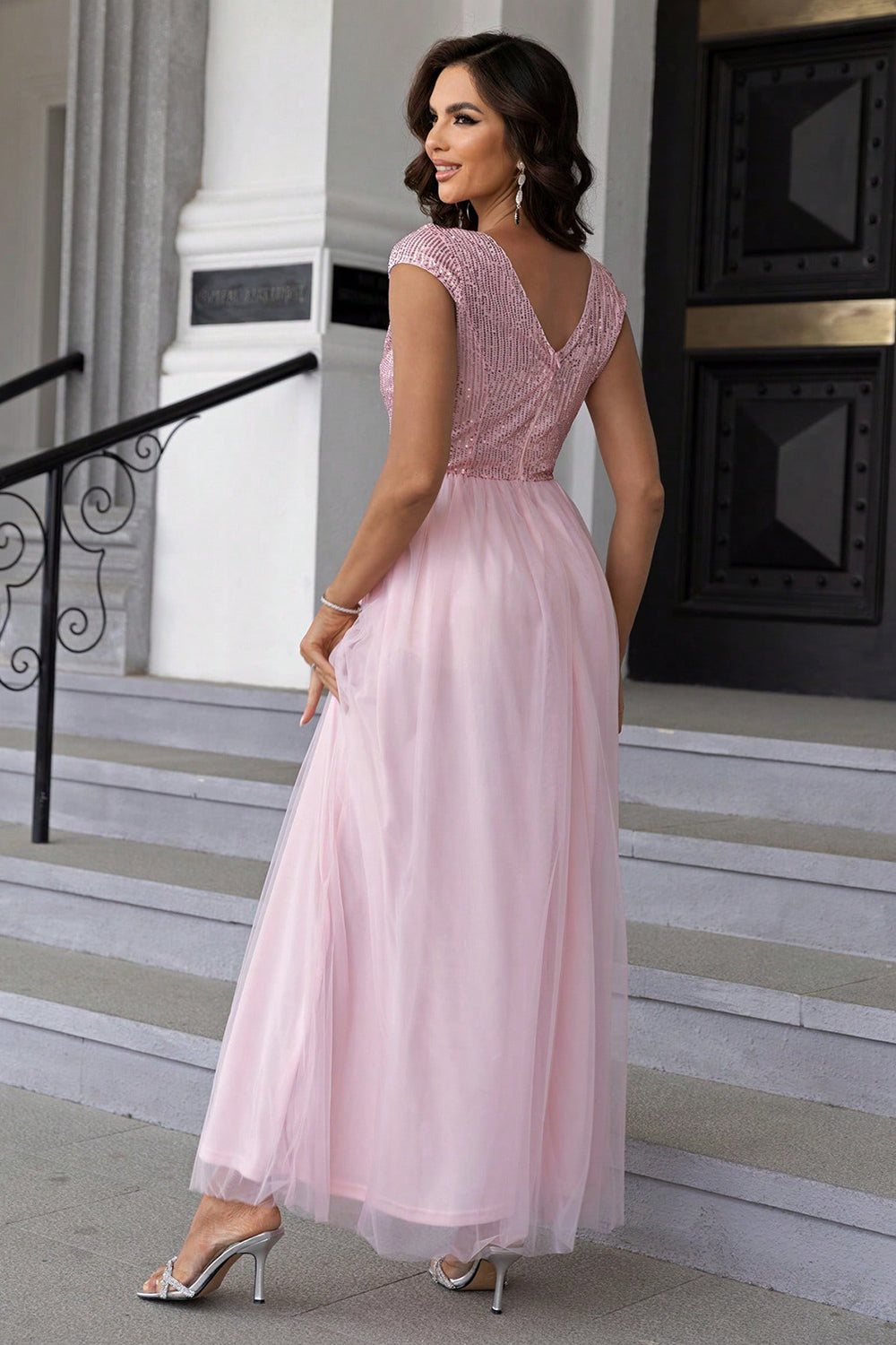 Sequin V-Neck Mesh Maxi Dress-VMA Specialties Boutique