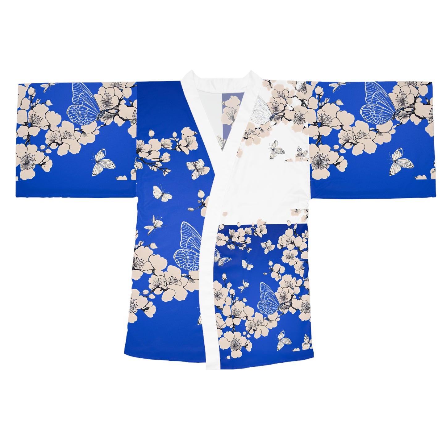 Blue & White Kimono Robe - Cherry Blossom Trees and Butterflies Design