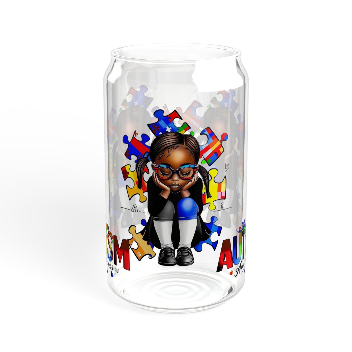 Sipper Glass, 16oz featuring Autism Awareness design - Black girl with puzzle pieces, Autistic Awareness gift, Puzzle pieces