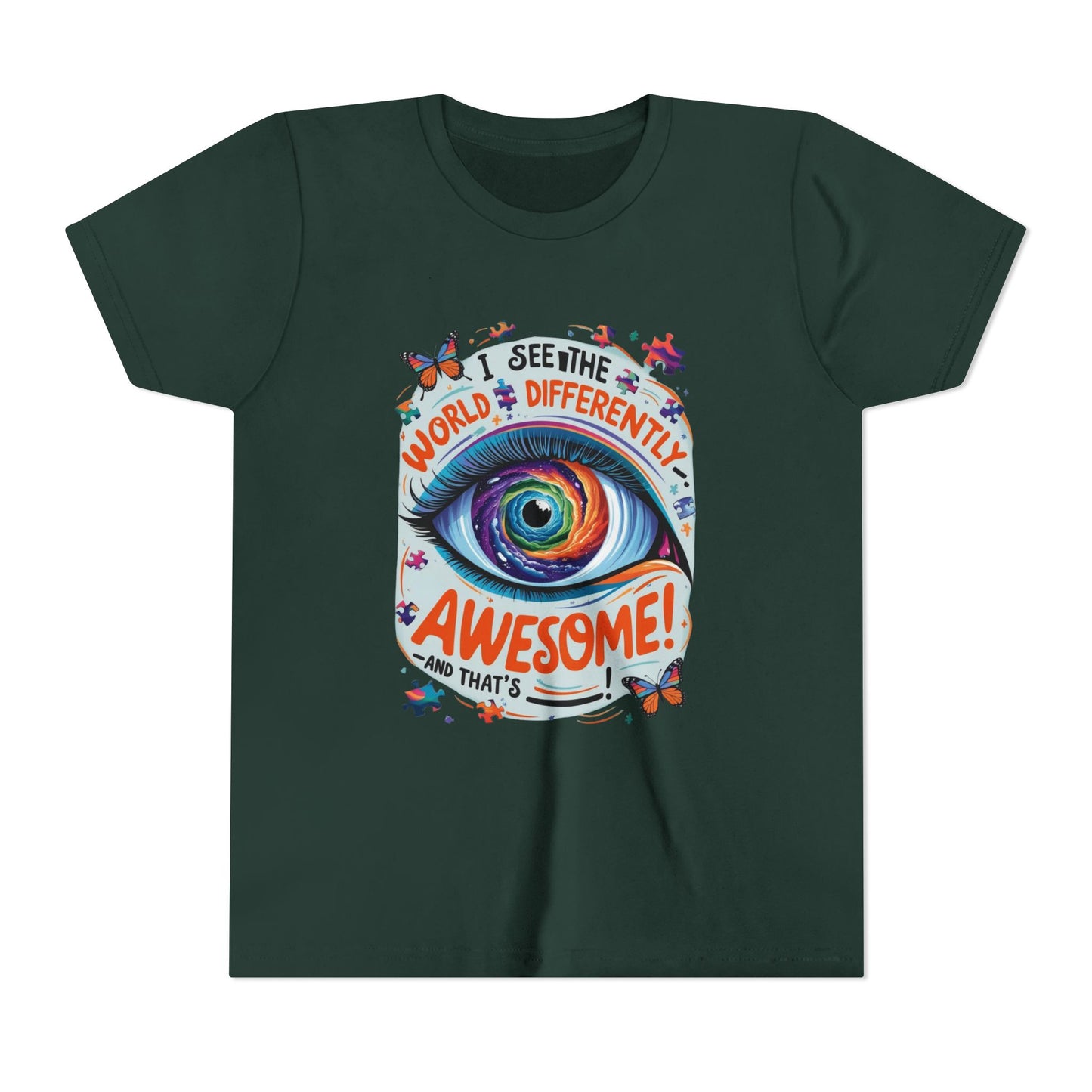 Autism Awareness Youth Tee, Eye Galaxy, Puzzle Pieces, Butterflies, Neurodiversity Shirt, Unique Perspective Clothing