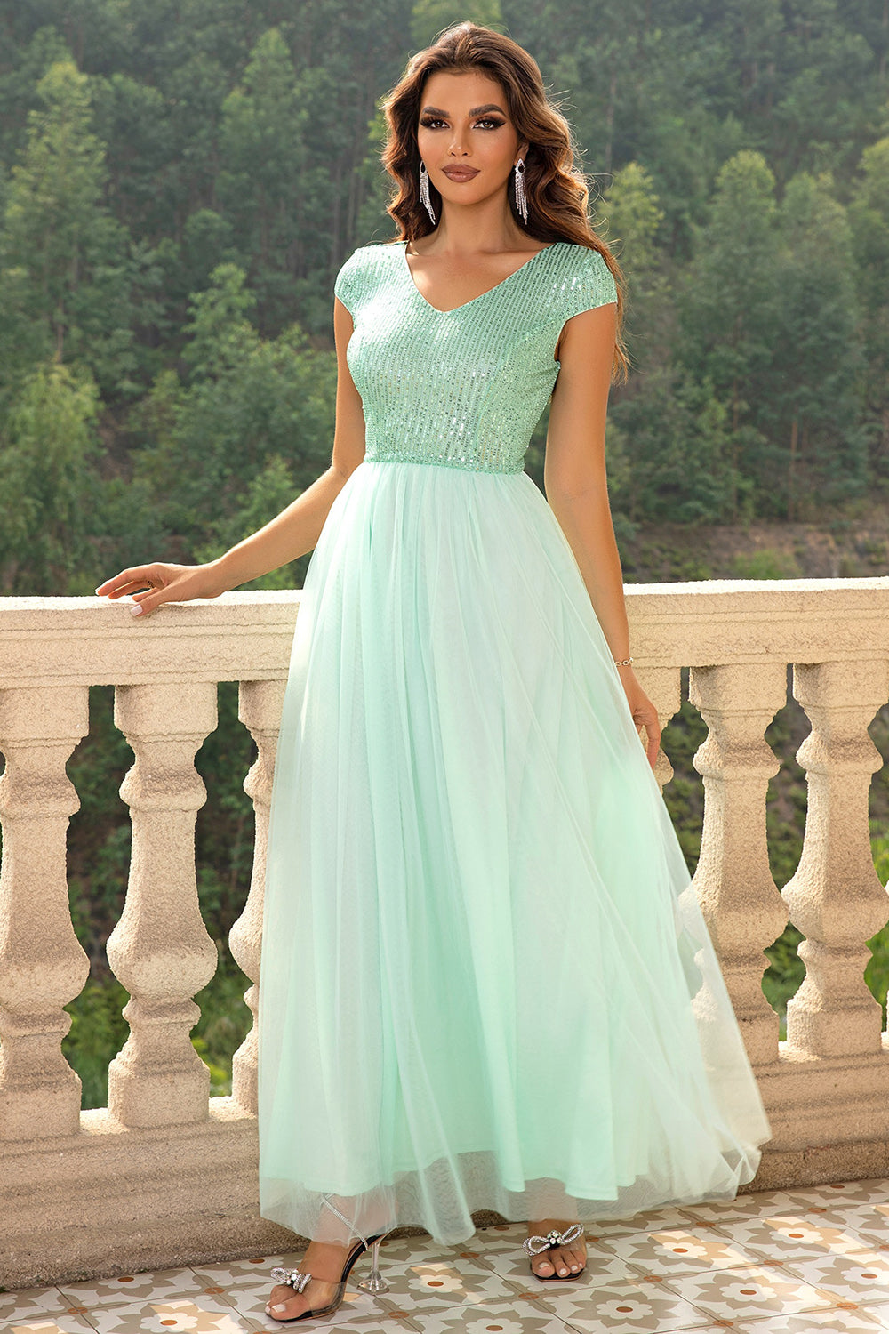 Sequin V-Neck Mesh Maxi Dress-VMA Specialties Boutique