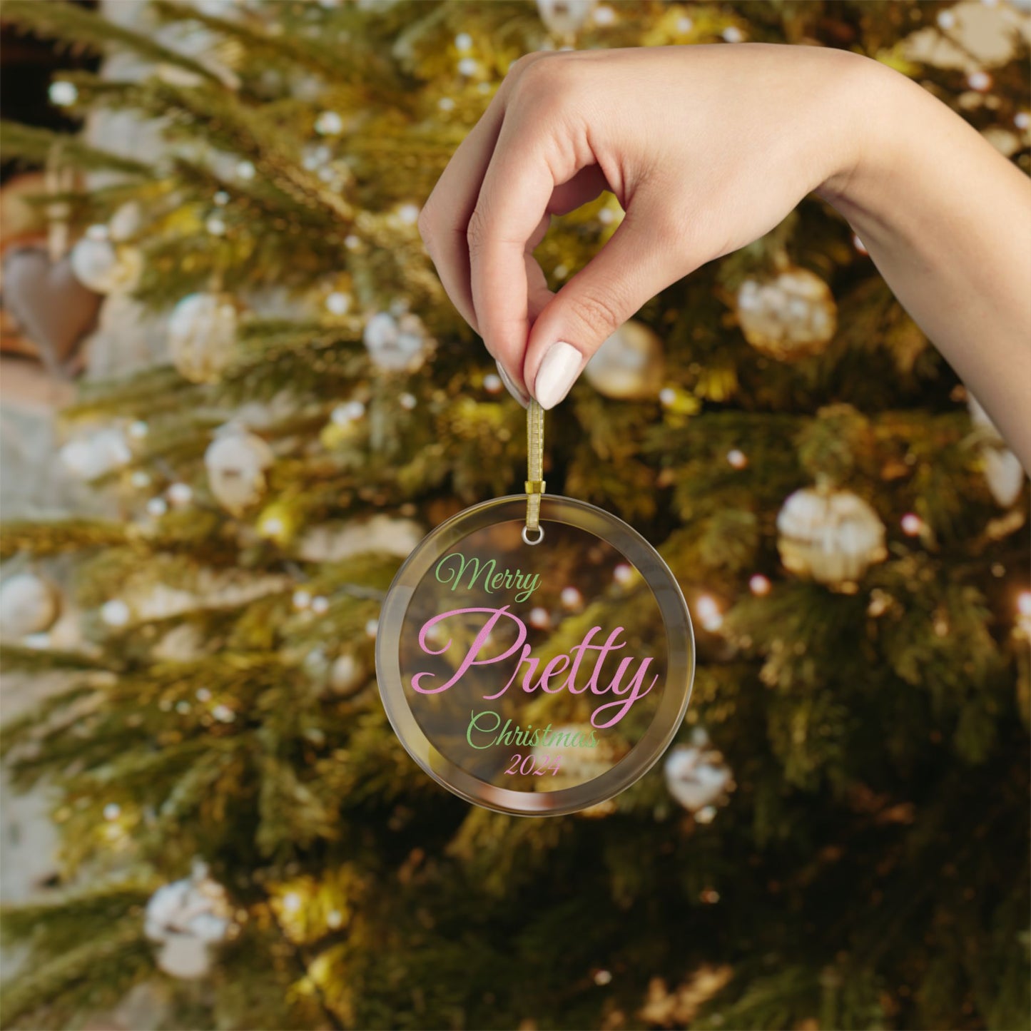 Glass Ornaments Merry Pretty Christmas 2024 Pink and Green Sorority Inspired Ornament