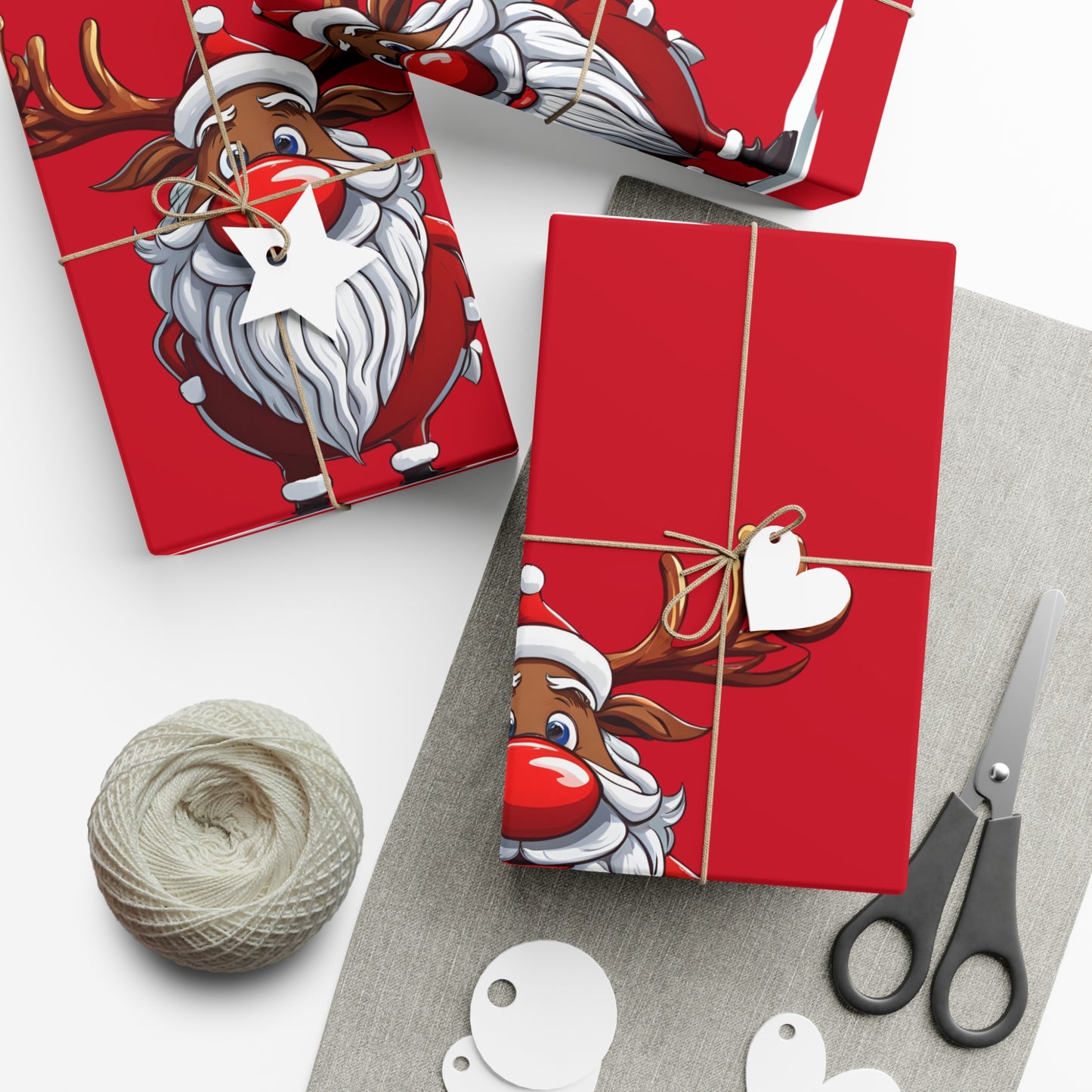 Wrapping Papers - Cheerful Cartoon Reindeer Holiday Gift Wrap, Santa Reindeer Patterned Gift Wrap, Playful