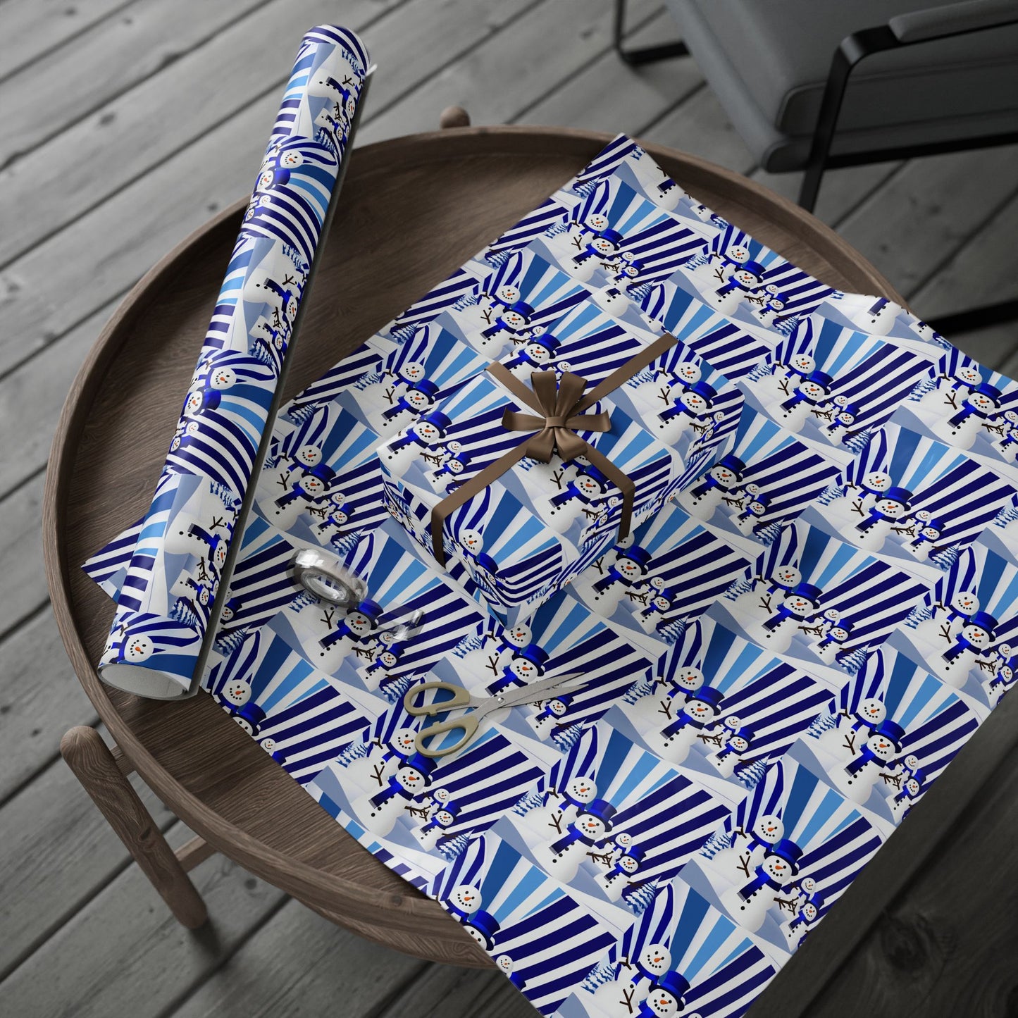 Wrapping Paper, Festive Snowman Holiday Gift Wrap, Winter Blue White Stripes, Christmas Present Packaging, Rustic Pine Branches, Cheerful