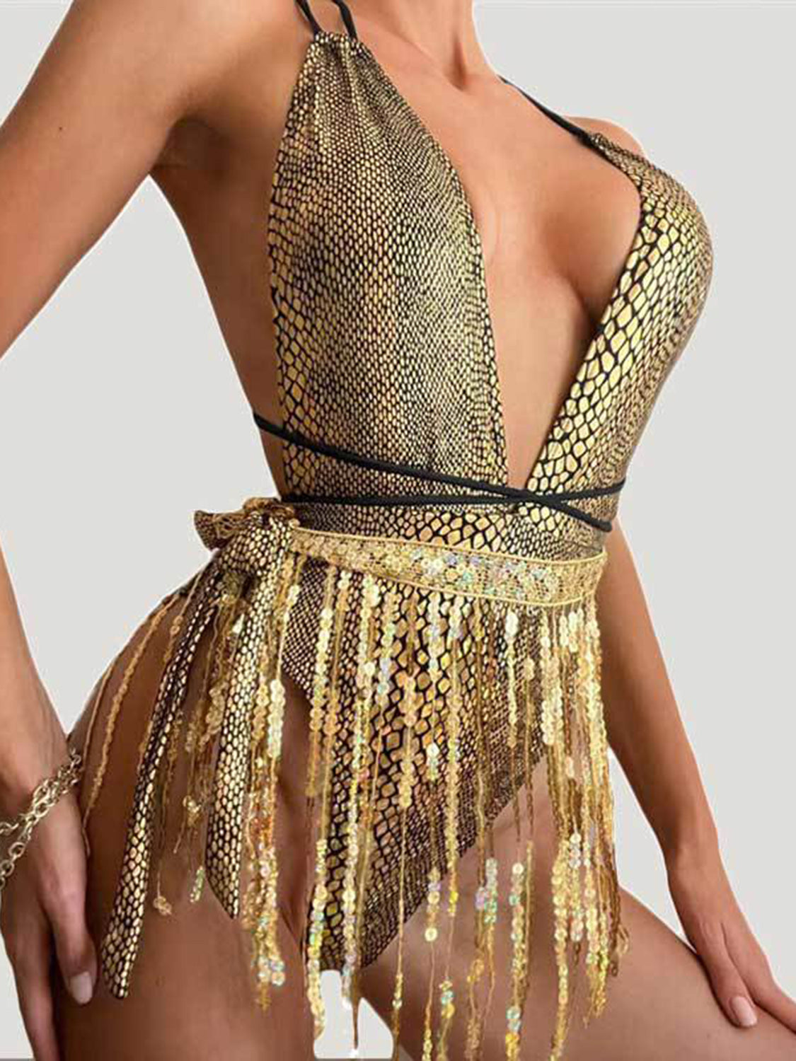 Tied Sequin Plunge One-Piece Swimwear-VMA Specialties Boutique