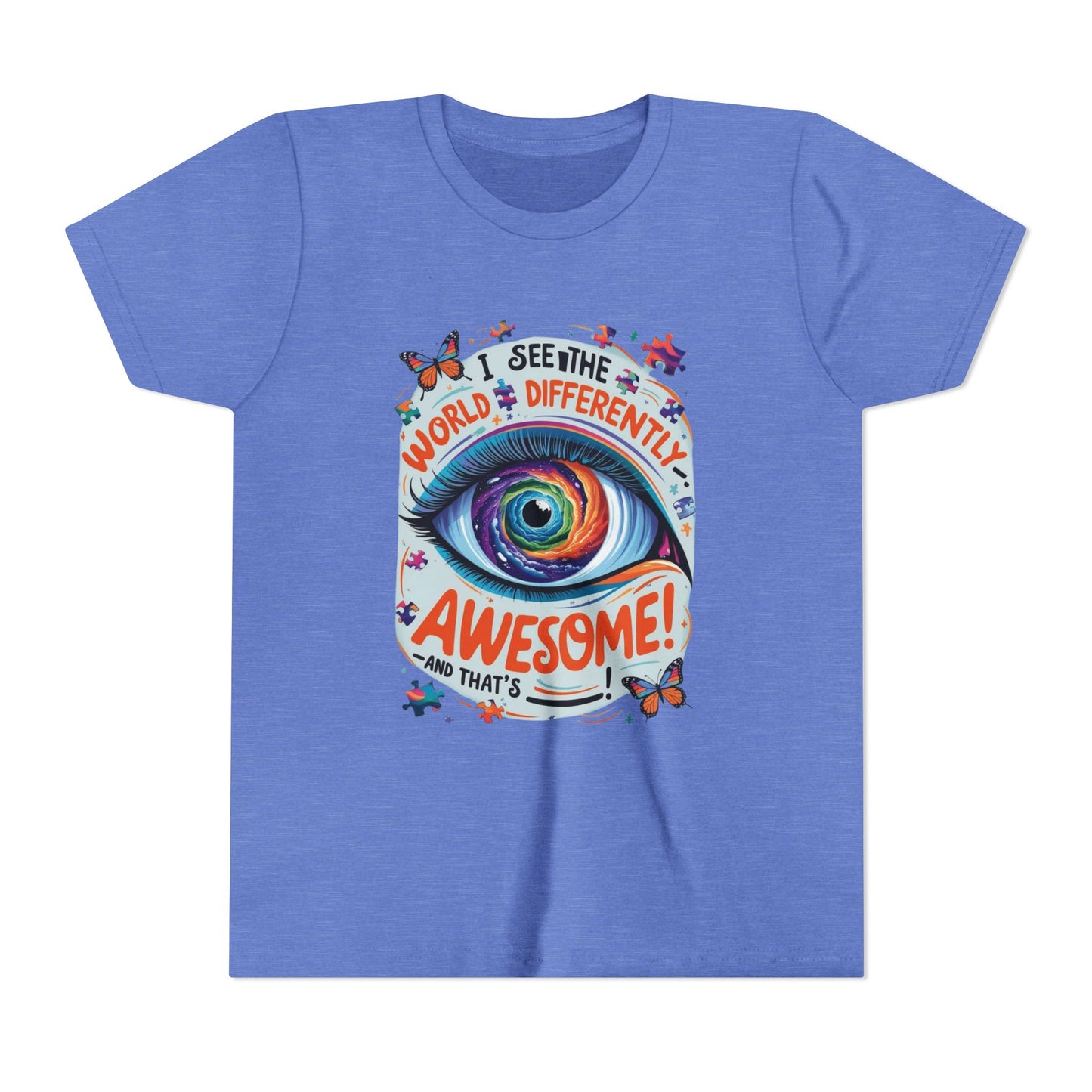 Autism Awareness Youth Tee, Eye Galaxy, Puzzle Pieces, Butterflies, Neurodiversity Shirt, Unique Perspective Clothing