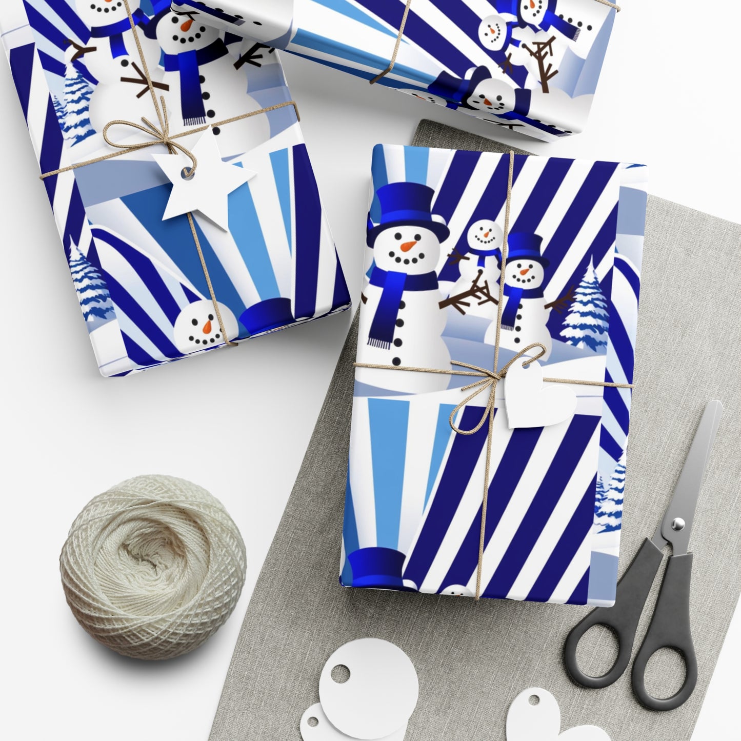 Wrapping Paper, Festive Snowman Holiday Gift Wrap, Winter Blue White Stripes, Christmas , Rustic Pine Branches, Cheerful