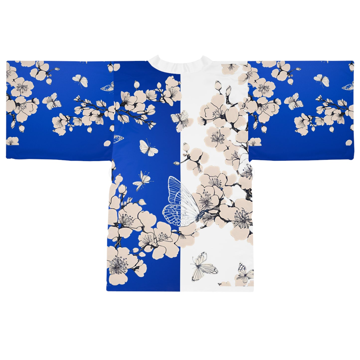 Blue & White Kimono Robe - Cherry Blossom Trees and Butterflies Design