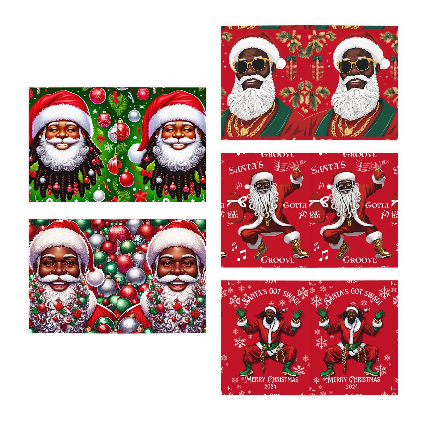 Greeting Card Pack, African American Santa Holiday Cards - Festive Joy, Blank Inside, Set of 5, Culturally Inspired, Vibrant