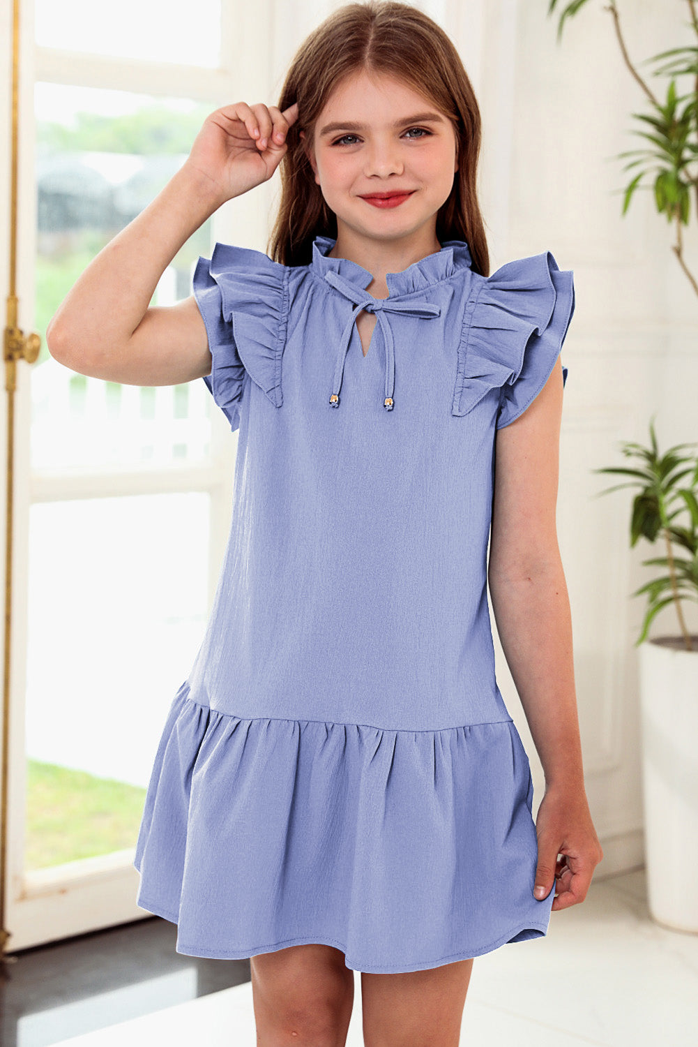 Tie Neck Flutter Sleeve Dress-VMA Specialties Boutique