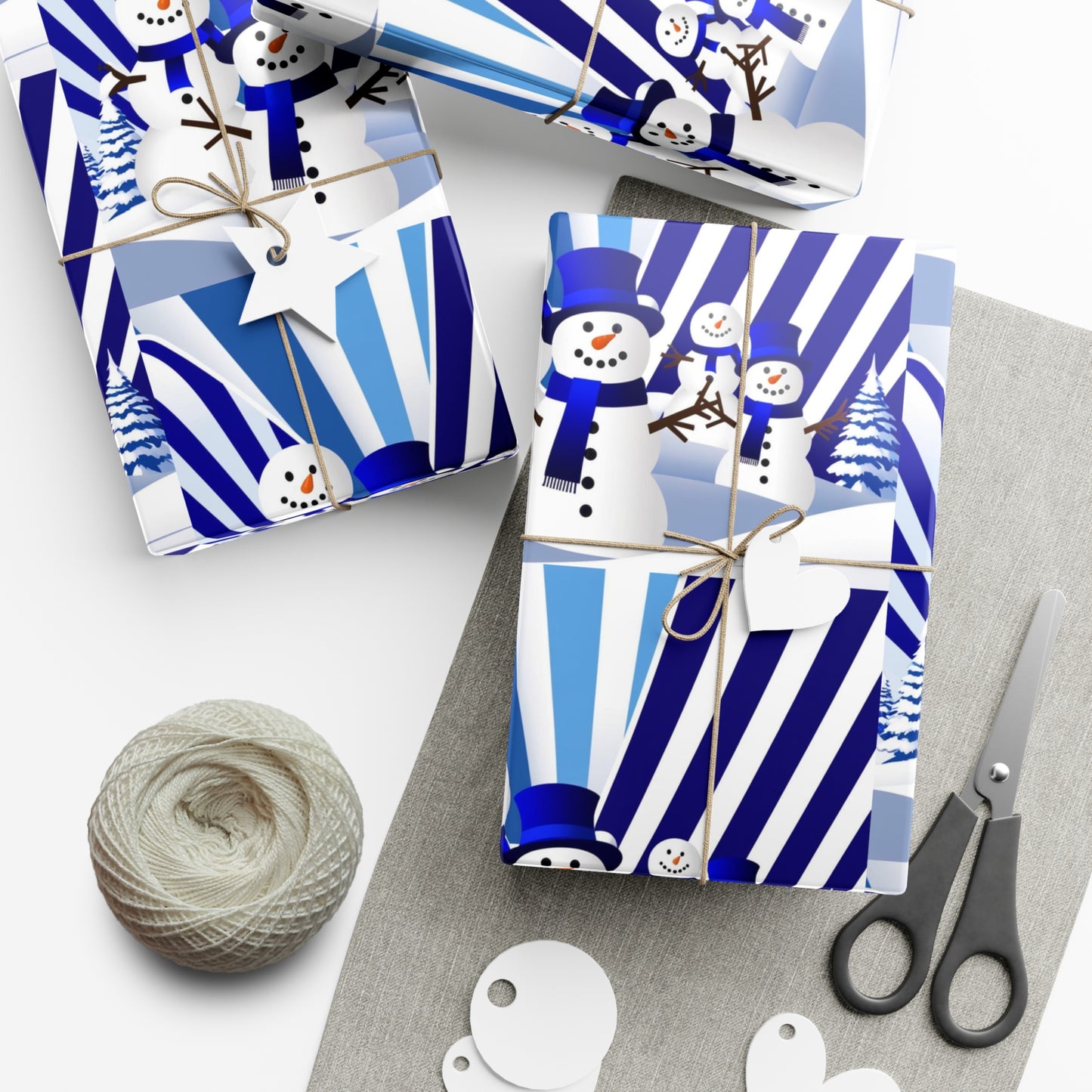 Wrapping Paper, Festive Snowman Holiday Gift Wrap, Winter Blue White Stripes, Christmas , Rustic Pine Branches, Cheerful
