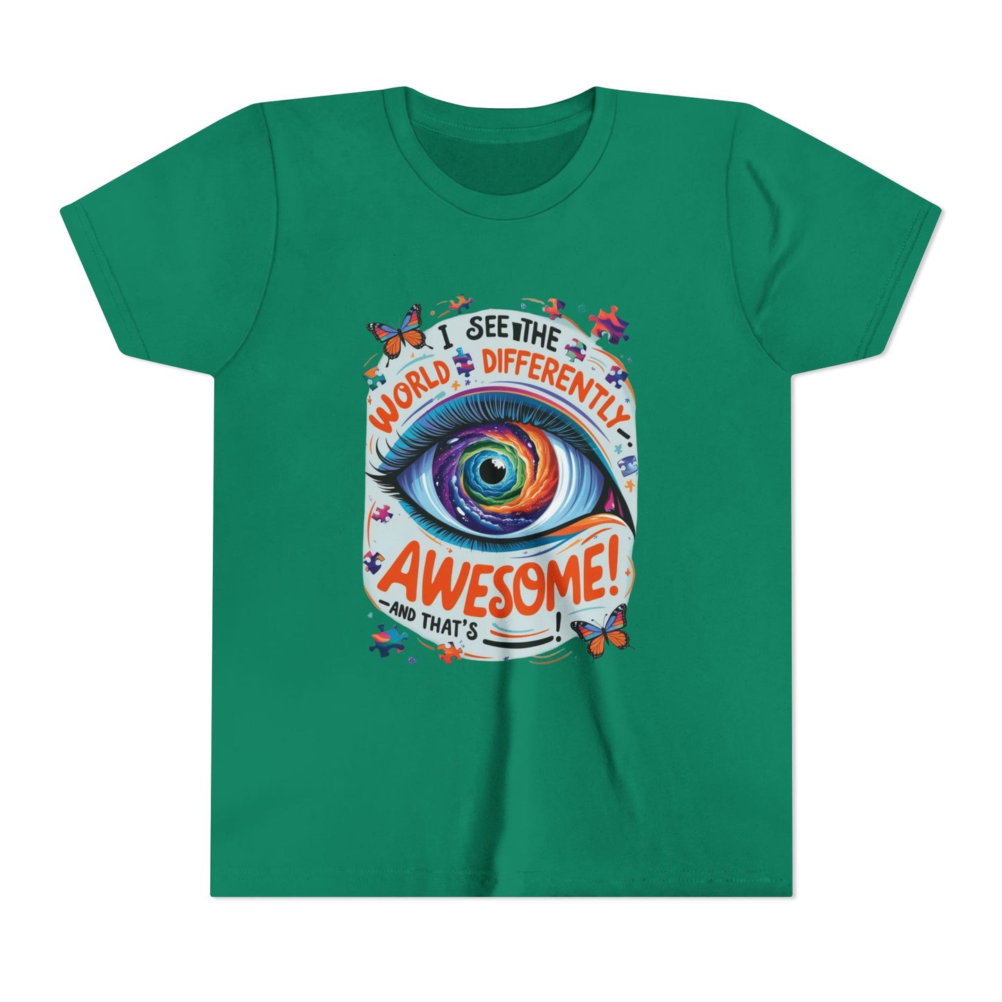Autism Awareness Youth Tee, Eye Galaxy, Puzzle Pieces, Butterflies, Neurodiversity Shirt, Unique Perspective Clothing