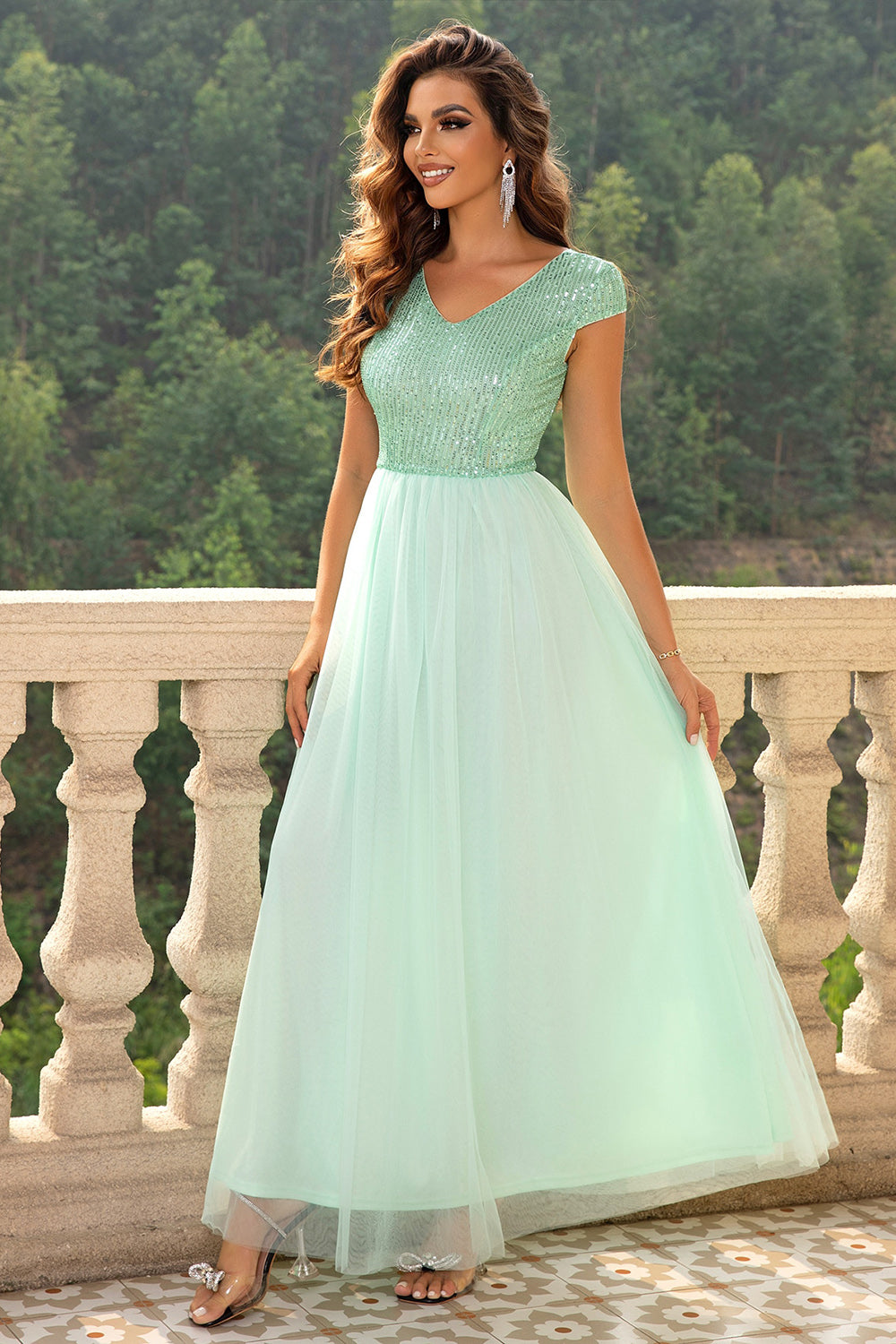 Sequin V-Neck Mesh Maxi Dress-VMA Specialties Boutique