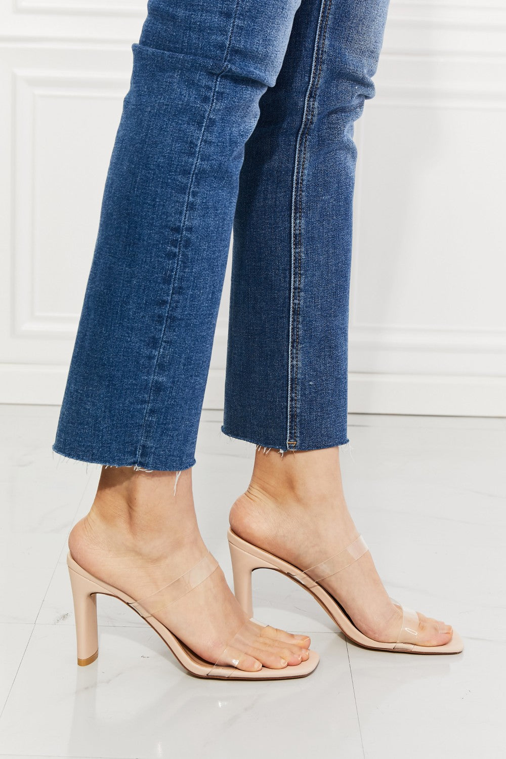 Transparent Double Band Heeled Sandal-Woman Posing
