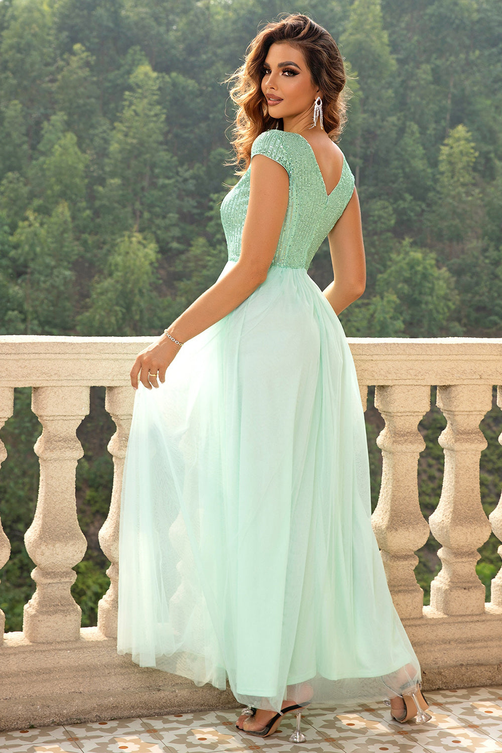 Sequin V-Neck Mesh Maxi Dress-VMA Specialties Boutique