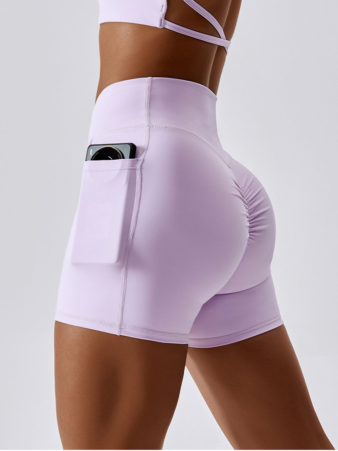 Ruched Pocketed High Waist Active Shorts-VMA Specialties Boutique