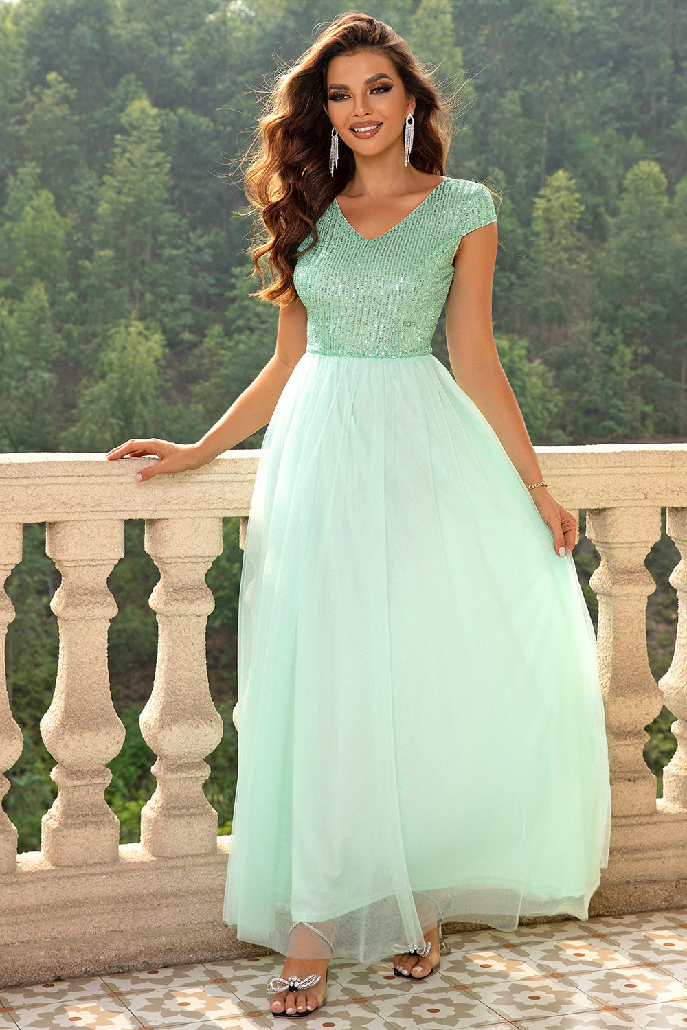 Sequin V-Neck Mesh Maxi Dress-VMA Specialties Boutique