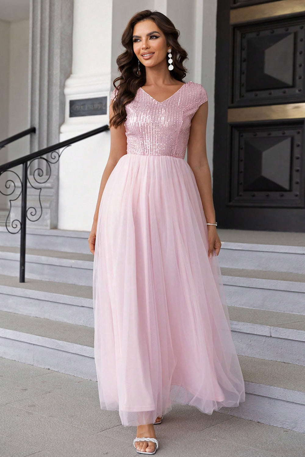 Sequin V-Neck Mesh Maxi Dress-VMA Specialties Boutique