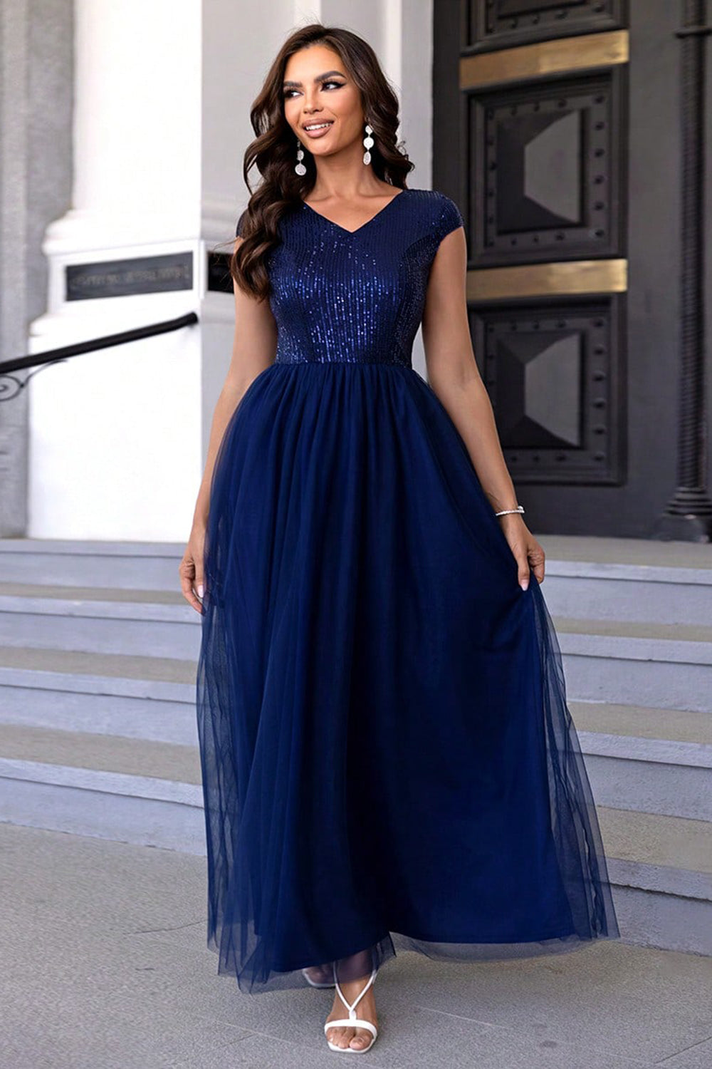 Sequin V-Neck Mesh Maxi Dress-VMA Specialties Boutique