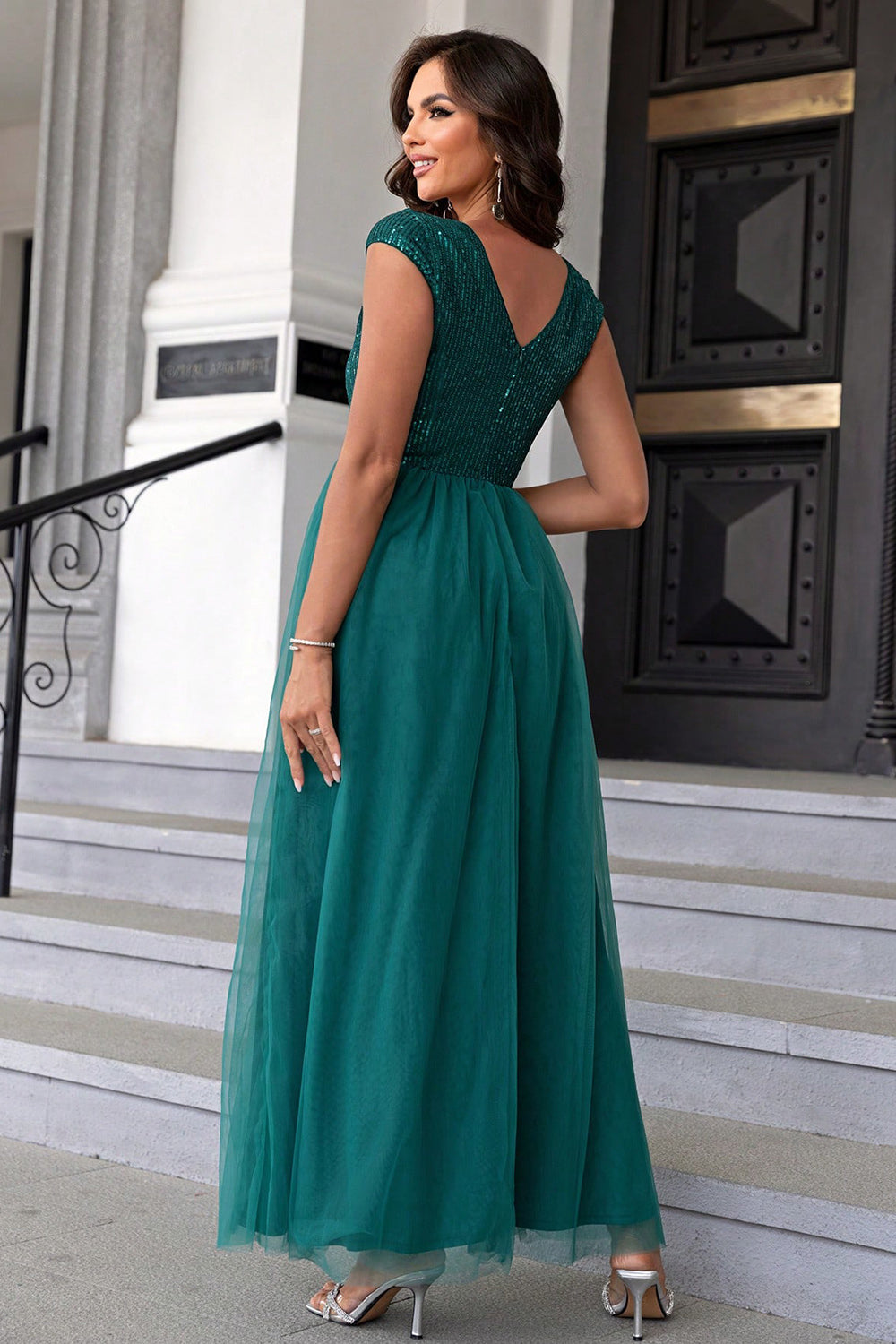 Sequin V-Neck Mesh Maxi Dress-VMA Specialties Boutique