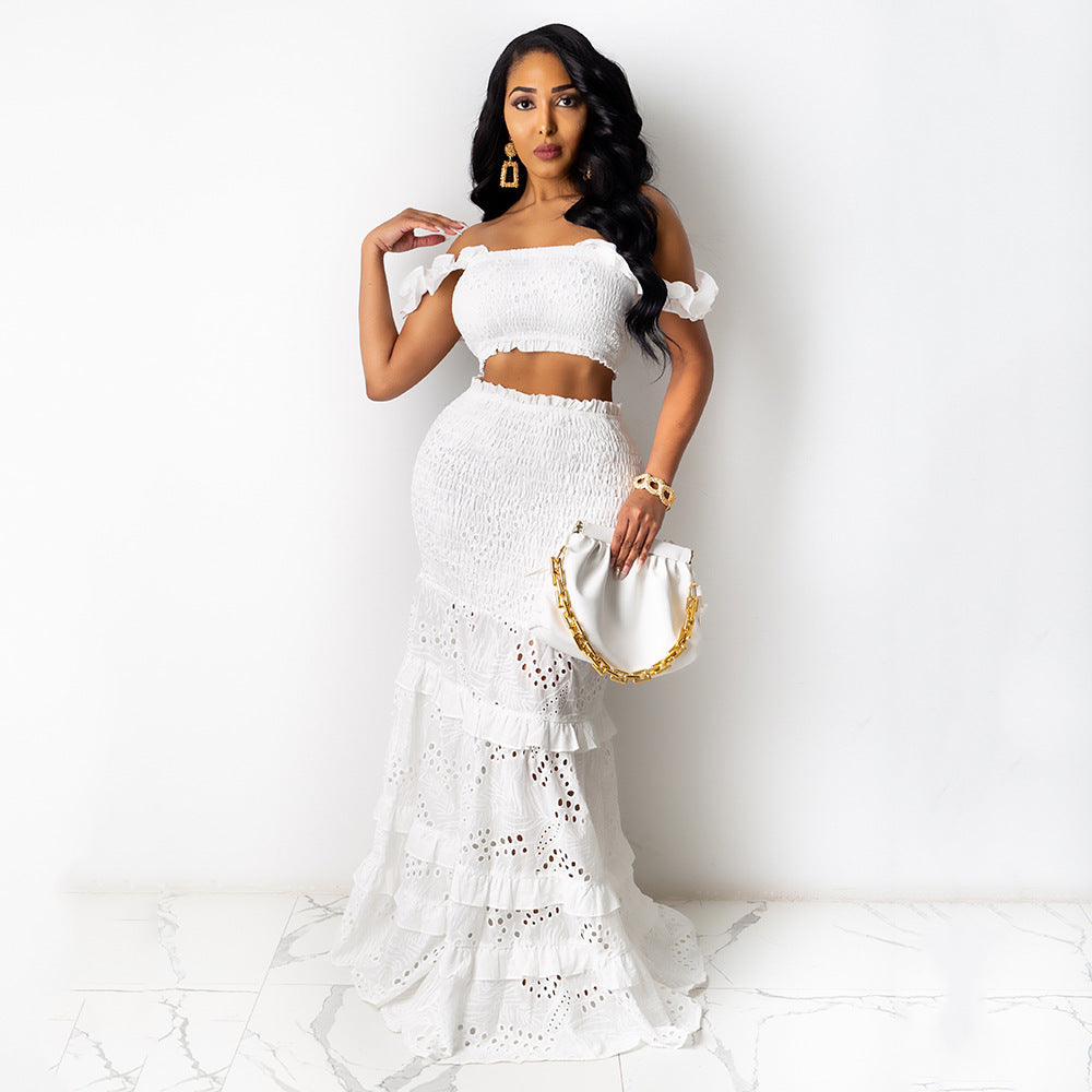 Women's Solid Color Two Piece Wrap Breast Fishtail Mid Waist Lace Dress