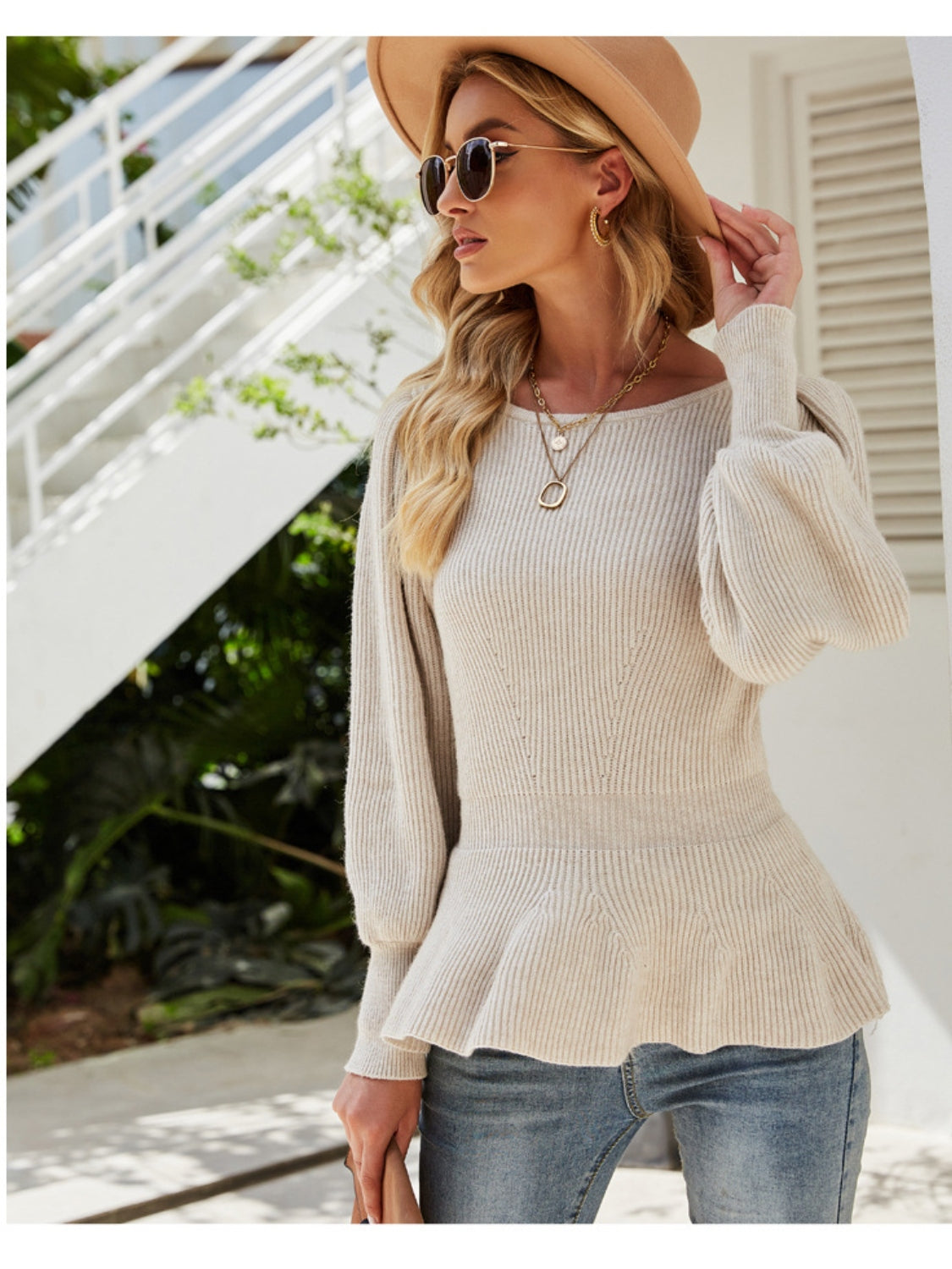 Ribbed Round Neck Lantern Sleeve Sweater-VMA Specialties Boutique