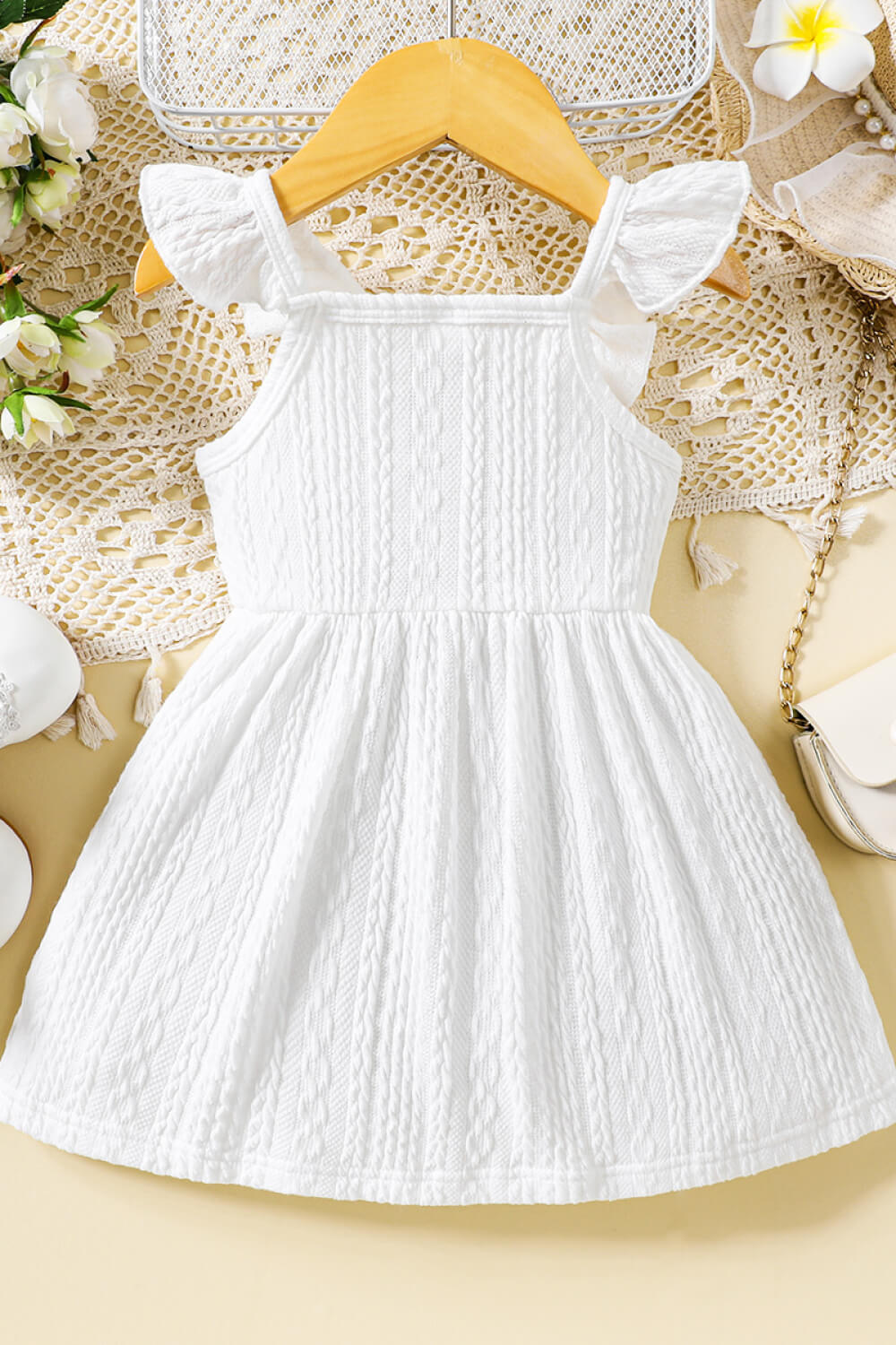 Baby Girl Decorative Button Ruffle Shoulder Textured Dress-VMA Specialties Boutique