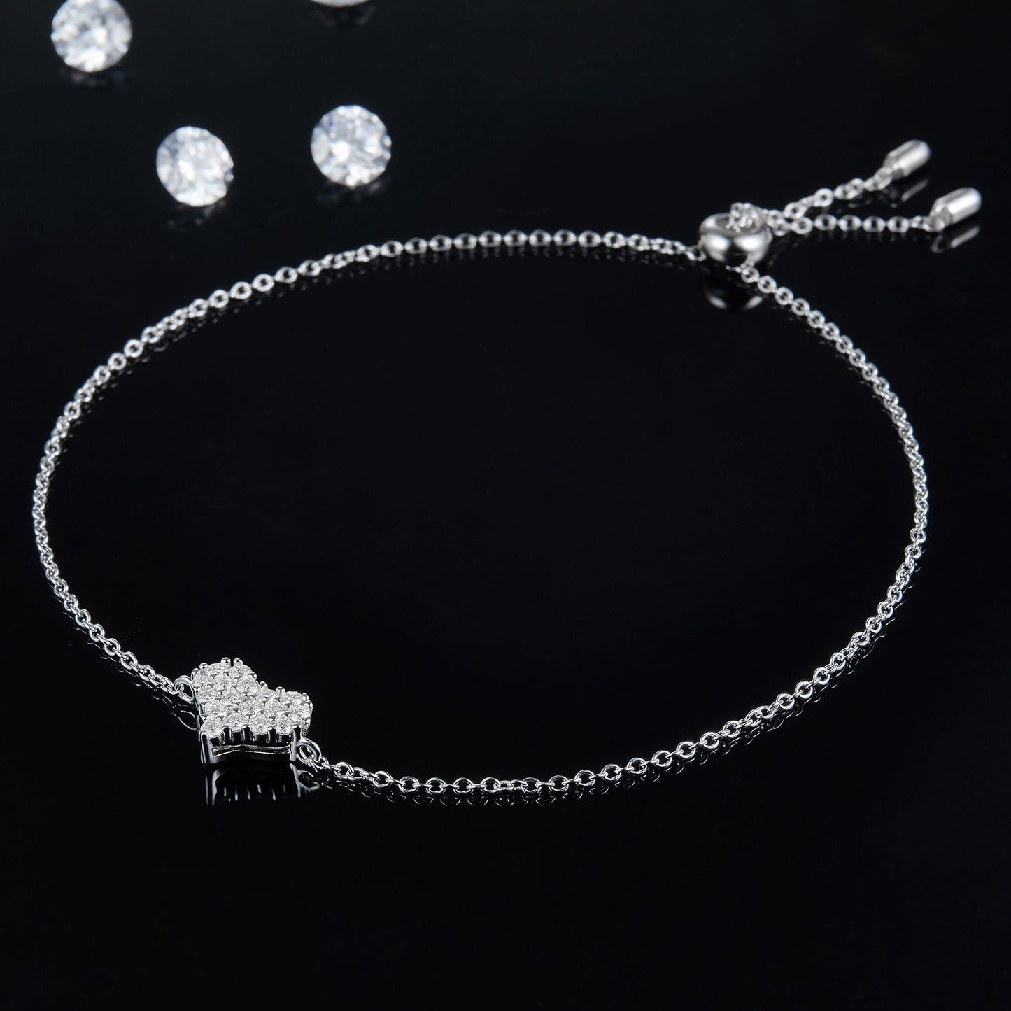 Moissanite Heart Bracelet Black Background