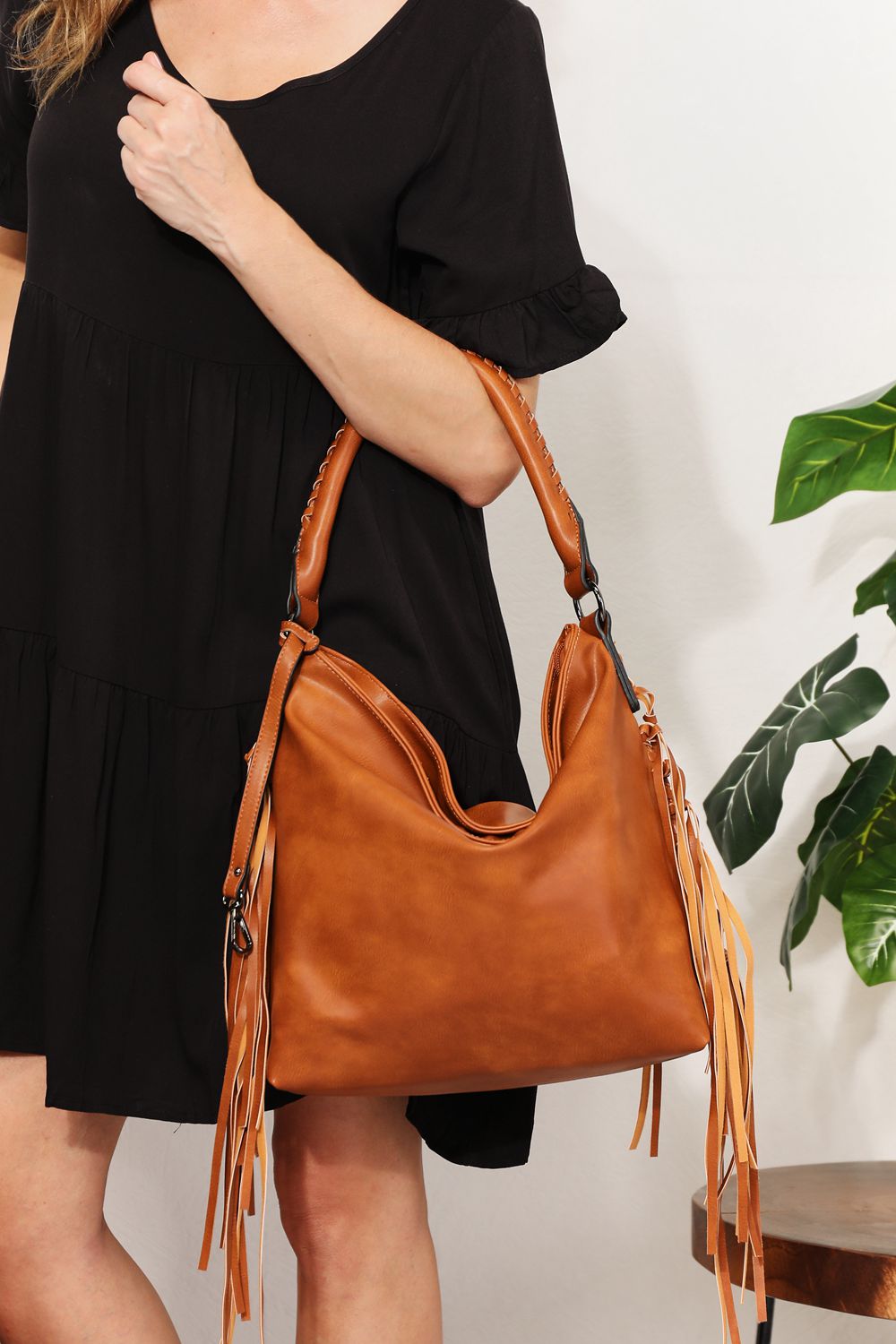SHOMICO PU Leather Fringe Detail Shoulder Bag-VMA Specialties Boutique
