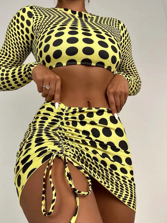 Polka Dot Long Sleeve Three-Piece Swim Set-VMA Specialties Boutique