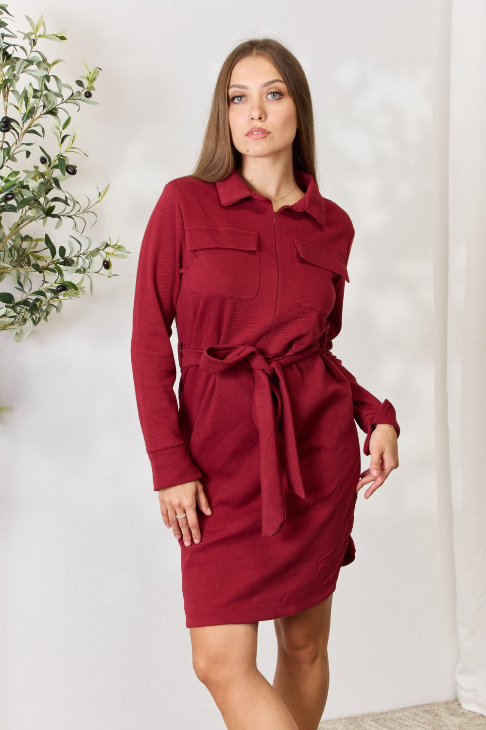 Culture Code Full Size Tie Front Half Zip Long Sleeve Shirt Dress-VMA Specialties Boutique
