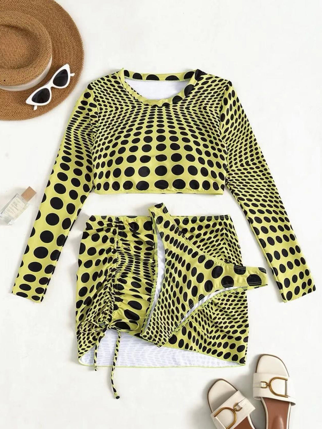 Polka Dot Long Sleeve Three-Piece Swim Set-VMA Specialties Boutique