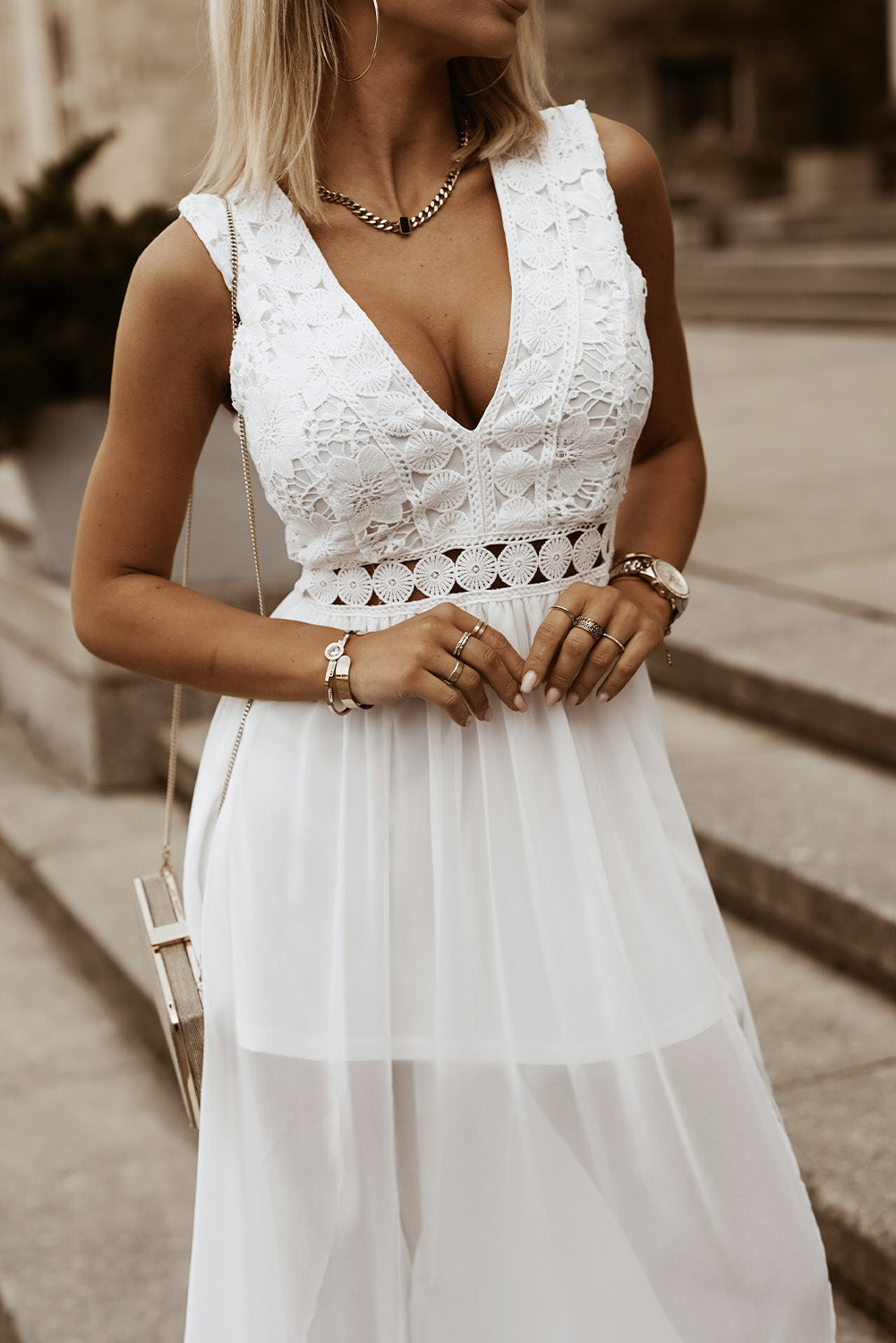 Slit Lace Detail V-Neck Dress-VMA Specialties Boutique