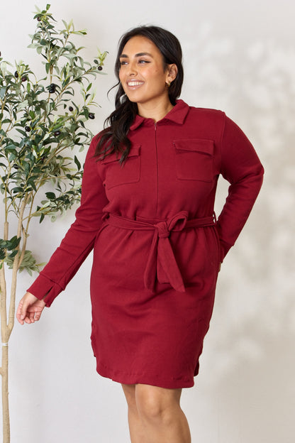 Culture Code Full Size Tie Front Half Zip Long Sleeve Shirt Dress-VMA Specialties Boutique