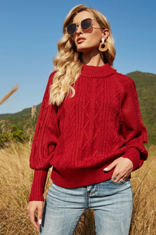 Ribbed Mock Neck Lantern Sleeve Sweater-VMA Specialties Boutique