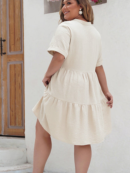 Plus Size Lace Detail Notched Short Sleeve Dress-VMA Specialties Boutique