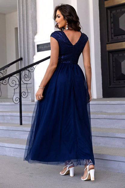 Sequin V-Neck Mesh Maxi Dress-VMA Specialties Boutique