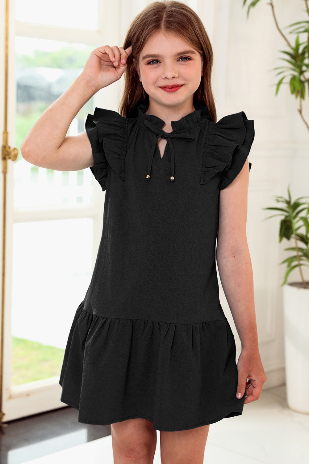 Tie Neck Flutter Sleeve Dress-VMA Specialties Boutique