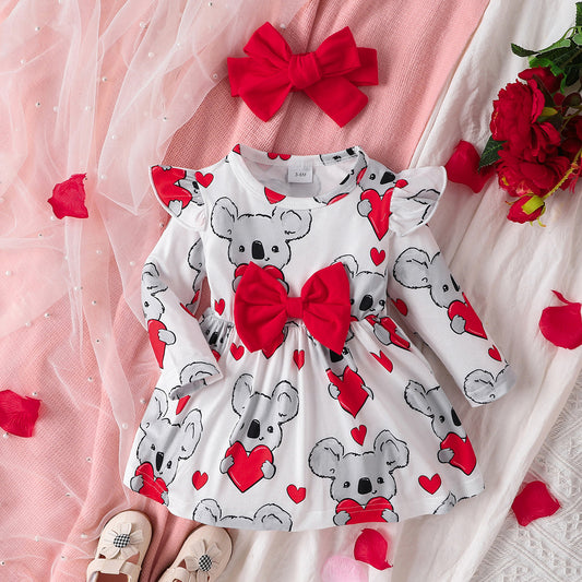 Bow Ruffled Koala Print Long Sleeve Dress-VMA Specialties Boutique