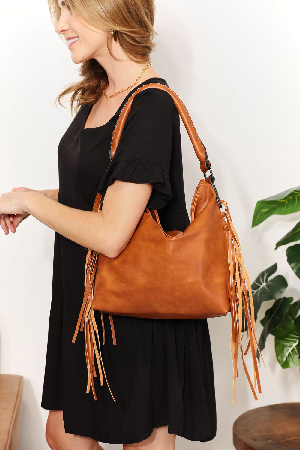 SHOMICO PU Leather Fringe Detail Shoulder Bag-VMA Specialties Boutique