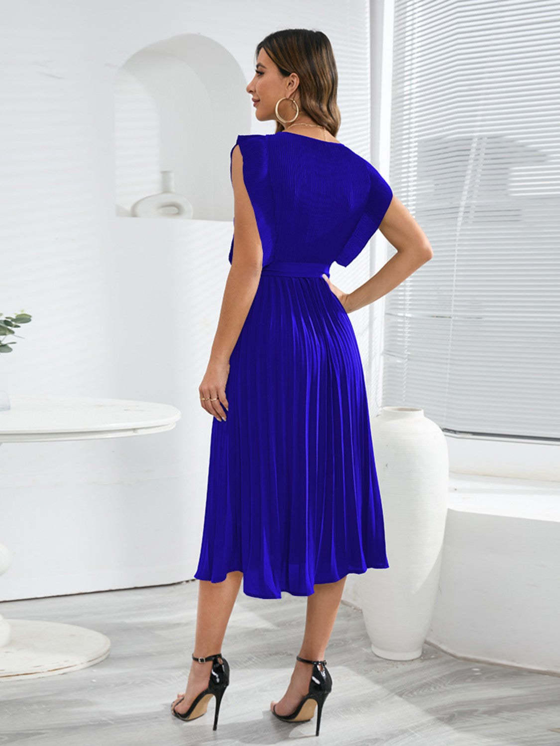 Tied Round Neck Pleated Midi Dress-VMA Specialties Boutique