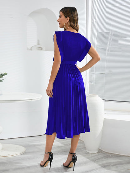 Tied Round Neck Pleated Midi Dress-VMA Specialties Boutique