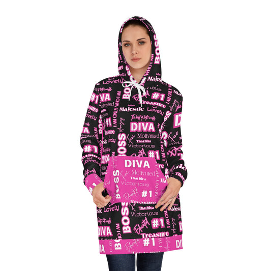 Hoodie Dress Diva Positive Affirmations Hot Pink and Black Statement Women's