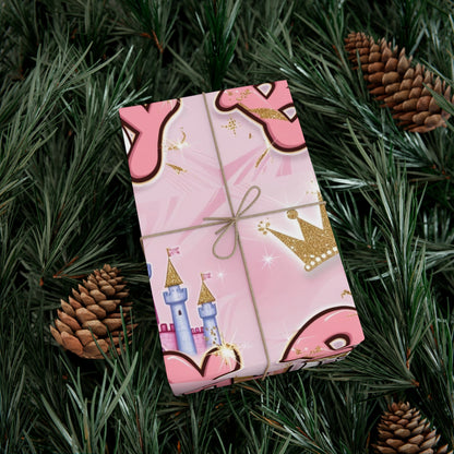 Gift Wrap Papers, Princess-Themed Happy Birthday Wrapping Paper, Pink and Gold Design, Glitter Effect, Castle Illustrations,