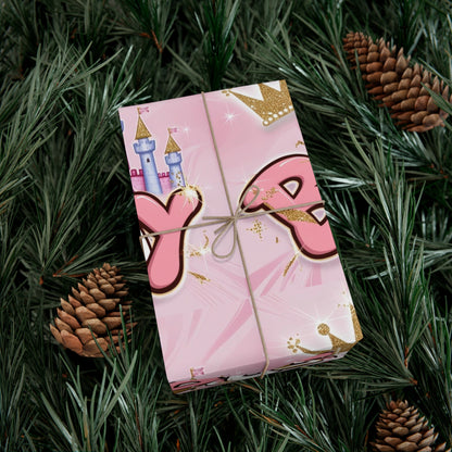 Gift Wrap Papers, Princess-Themed Happy Birthday Wrapping Paper, Pink and Gold Design, Glitter Effect, Castle Illustrations,