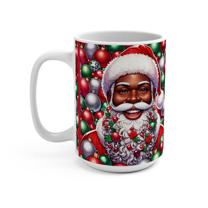 Mug 15oz - African American Santa Deck the Halls with Colorful Ornament Design